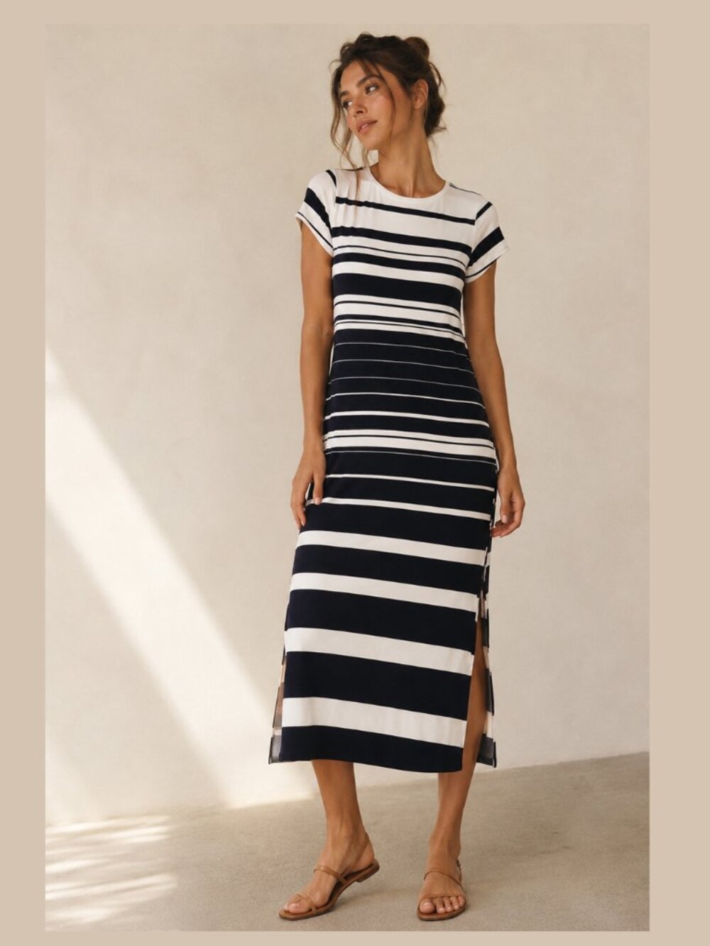 Chico's Travelers Size 2 Navy White Striped Stretch Midi Dress